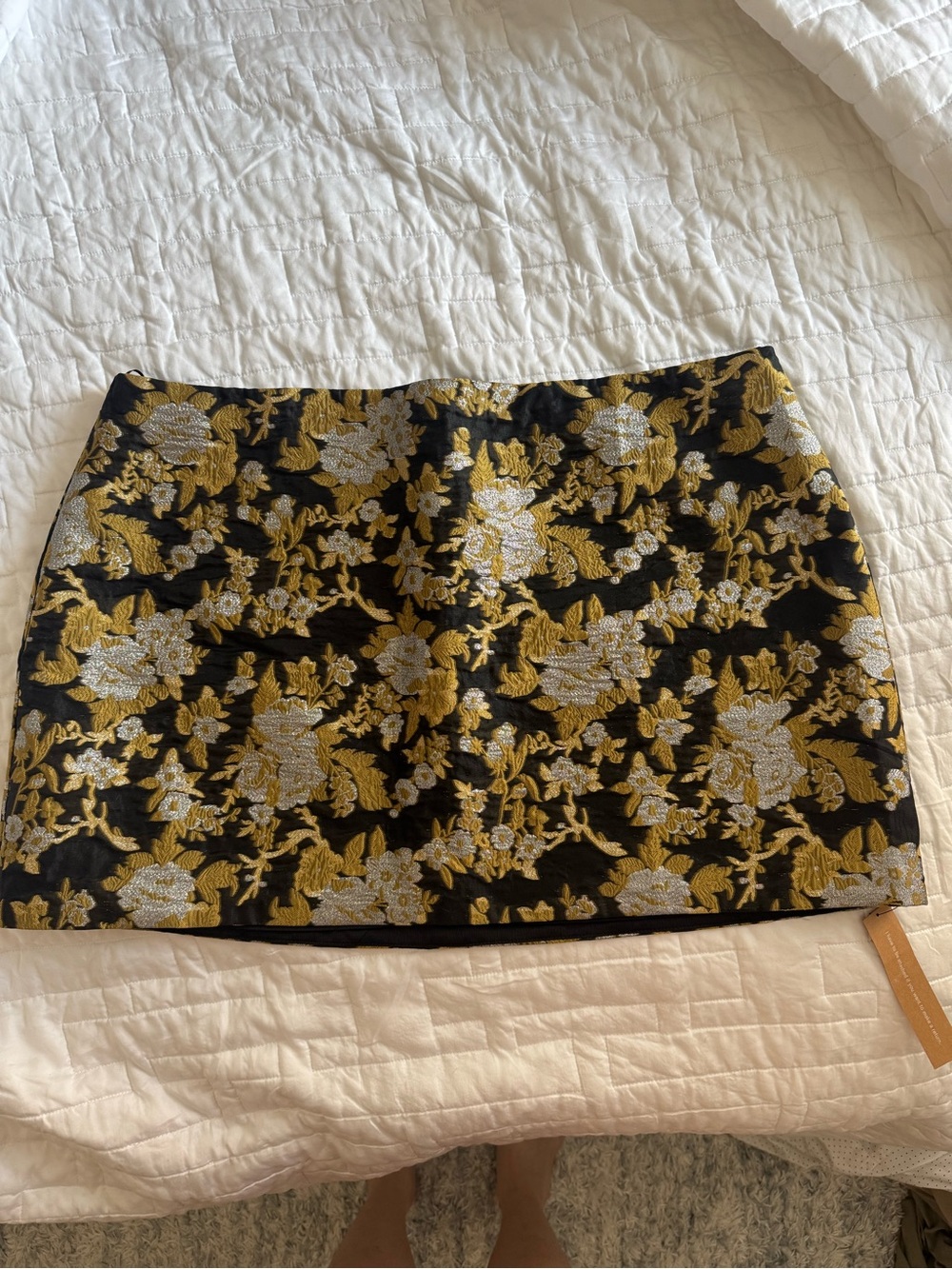 NWT Reformation Black Mini Skirt with Gold and Silver Floral Brocade
